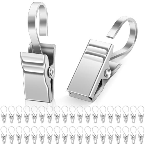 Caianwin 40 pinzas de acero inoxidable para cortinas, ganchos de metal plateado para cortinas, cortina de ducha, fotos, cadenas de luces