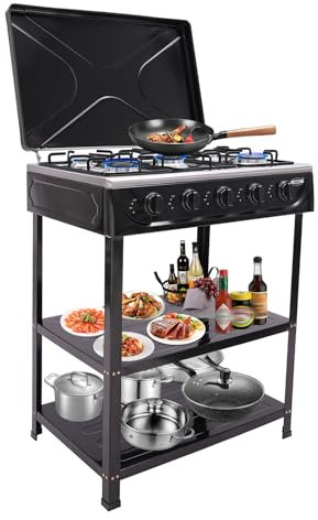 KiwiHood Stufa a gas portatile a 5 fuochi, fornello a gas naturale, per esterni, da campeggio, da giardino, con copertura antivento e base per camper, appartamento, cucina all'aperto (nero)