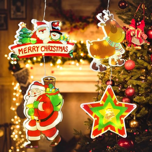 Light3 4er Set LED Weihnachtsbeleuchtung, Saugnapf weihnachtsdeko fenster, Weihnachtsbeleuchtung Fenster mit Timer, Warmweiß Lichtervorhang mit Saugnäpfe, Indoor Batteriebetrieben,für Weihnachtsdeko