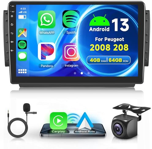 8 Core 4G+64G Android 13 Radio de Coche 2 DIN para Peugeot 2008 208 2012-2018 con Wireless Carplay Android Auto GPS Navi WiFi 10,1 Pulgadas Radio Coche con Bluetooth FM/RDS/Dab/OBD Cámara Trasera