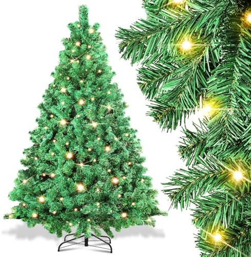 Randaco Albero di Natale artificiale con illuminazione, 150 cm, 550 punte progettate con apertura automatica, in PVC, 200 LED, luce bianca calda, con supporto in metallo, difficilmente infiammabile