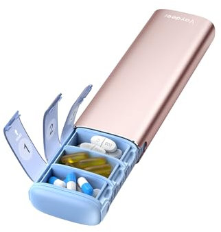 VAYDEER Tablettenbox 7 Tage [LFGB-zertifiziert] [Trockensicher] [Kindersicher] [Lichtgeschützt] [Metall] Reise-Pillendose Tabletten-Organizer Medikamentenbox, Klein (Roségold)