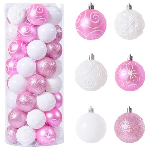Ueiwffzo Weihnachtskugeln, 50 Stück 6cm Weihnachtsbaumdekoration, Weihnachtsbaumschmuck, Christbaumkugeln, Weihnachtskugeln Kunststoff Set Baumschmuck (Rosa+Weiß)