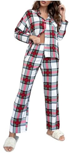 Pyjama Femme Hiver Coton Chemise de Nuit Ensembles de Pyjama Femme Carreaux Haut Pantalon décontracté Vetement Femme Chic Tenue 2 Pieces Classique Loungewear Femme Set Casual (White, XL)