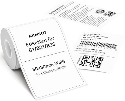 NIIMBOT Etiketten für B1 B21 B3S Etikettendrucker, 50 x 80mm 95 Etiketten/Rolle, 1 Rolle Selbstklebender Etikettenband Thermo-Etikettenband für Supermärkte, Einzelhandel, Büro, Weiß