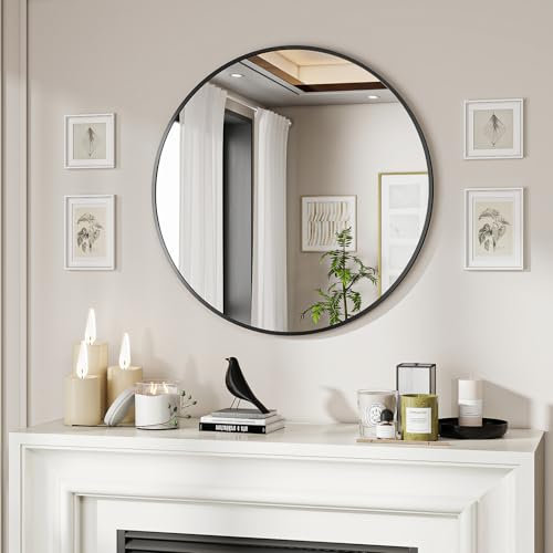 BEAUTYPEAK 60 cm Runder Spiegel in Schwarz, Rund Dekorativer Wandspiegel mit Aluminiumrahmen, Bruchsicherer Badezimmer Spiegel zum Aufhängen und Anlehnen, Wandspiegel für Schlafzimmer, Bad, Wohnzimmer