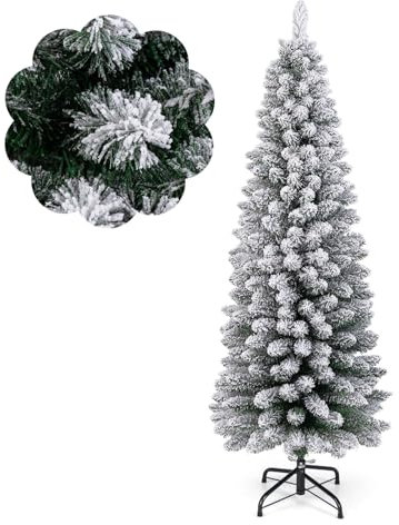 COSTWAY künstlicher Weihnachtsbaum Bleistift, 150 cm Tannenbaum mit Schnee, Christbaum mit 328 Zweigspitzen & klappbarem Metallständer, schlanker Kunstbaum Weihnachten für Zuhause, Büro (Grün)