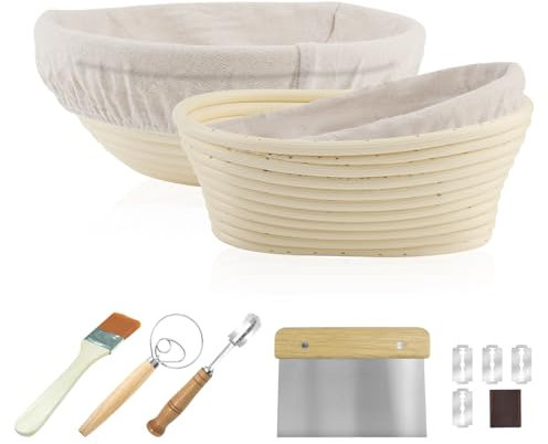 RYAN Banetones para pan 23 cm Redondo y 21 cm Ovalado con Forro de Lino Cuchillo Pan para Panadería de Masa Madre Profesional y Casera Cesta Fermentacion Pan
