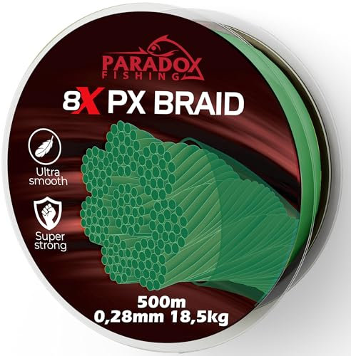 Paradox Fishing 8X PX geflochtene Angelschnur I Tarngrün 500M - 0,28mm - 18,5kg – Angelschnur geflochten- 8fach eng geflochten