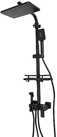 Système de douche thermostatique noir - Colonne de douche en acier inoxydable - Avec panier de rangement - 73-116 cm - Réglable