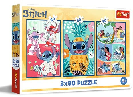 Trefl Puzzle 3en1: Lilo, Mundo de Stitch-3 x 80 Piezas, Set de Tres puzles para niños a Partir de 5 años, Multicolor (34885)