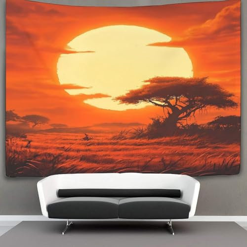 CTAMM Sonne geht über der afrikanischen Savanne auf Wandteppich Orangefarbener Ton Tapisserie Wandbehang Landschaft Wandkunst Dekore 70cmx100cm