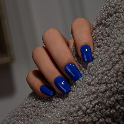 KQueenest Royal Blue Press on Nails Short Medium Square, Short False Nails with Glue, Glossy Solid Bright Vibrant Sapphire Blue Fake Nails Press ons, Coffin Reusable Gel Stick on Nail for Women 28 Pcs