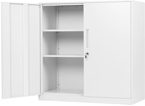Chiidou Heavy-Duty Steel Storage Cupboard with Lock, 3-Tier Adjustable Shelving Filing Cabinet Unit for Office Files, Home Garage & School Organisation White