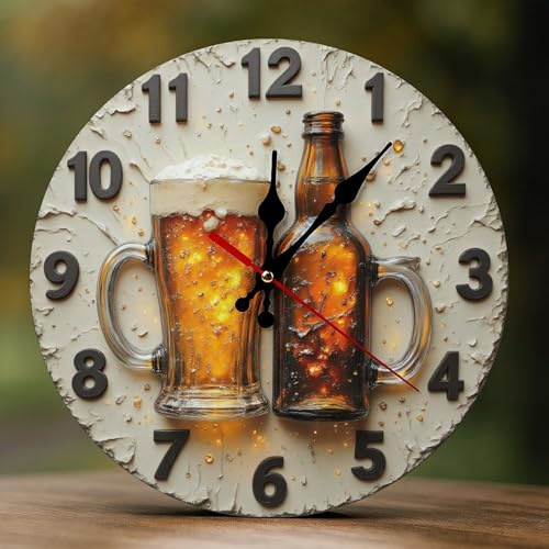 Novastar Dekorative Wanduhren, batteriebetrieben, 25,4 cm, moderner Holz-Bierkrug im Retro-Stil, bernsteinfarben, 2D-Druck, nicht tickend, leise Wanduhren für Wohnzimmer, Schlafzimmer, Büro, Hotel