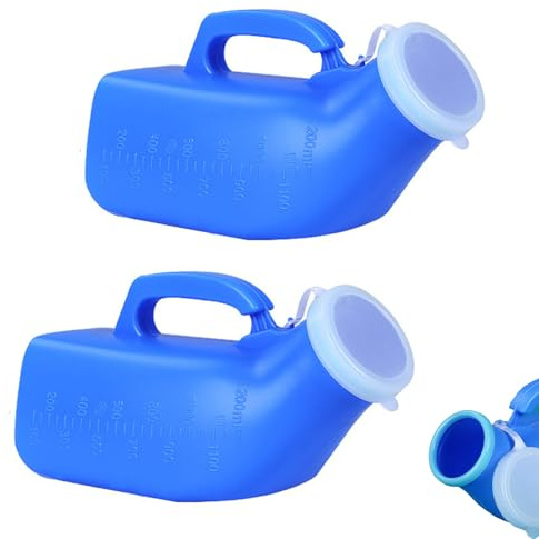 2pcs Blue Plastic Pee Bottle with Lid, 1200ml Reusable Urinal Pee Bottle for Men with Lid, Urine Bottles Male, Firm Portable Plastic Male Potty Pee Bottle for Incontinence Outdoor Travel Camping