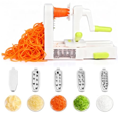 5-in-1 Spiralschneider Gemüse mit Behälter, Spiralschneider Hand mit 5 Austauschbare Klingen, Gemüseschneider Würfelschneider Gemüsehobel für Gemüsespaghetti Karotte Grill Gurke Zucchini
