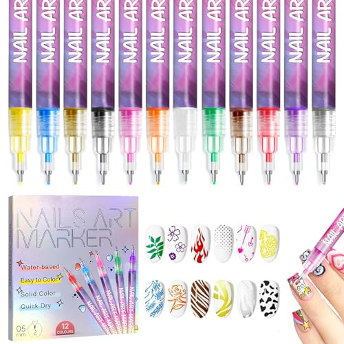 12 Color Nail Art Pens Set 0.5mm Nail Polish Pens for 3D Nail Art Real Nails Quickly DIY Nail Art Kit Dotting Graffiti Tools for Women Girls Home Salon