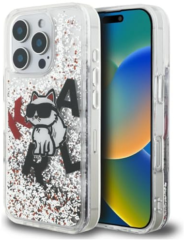 CG MOBILE Karl Lagerfeld Liquid Glitter Choupette Logo Hülle für iPhone 16 (Transparent)