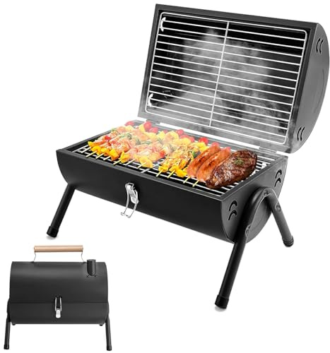Barbecue a Carbonella Piccolo Pieghevole Doppia Superficie di Cottura BBQ Mini Griglia con Coperchio Tavolo Grill Portatile per Esterni Campeggio Balcone Picnic e Barbecue (50 x 37,5 CM)