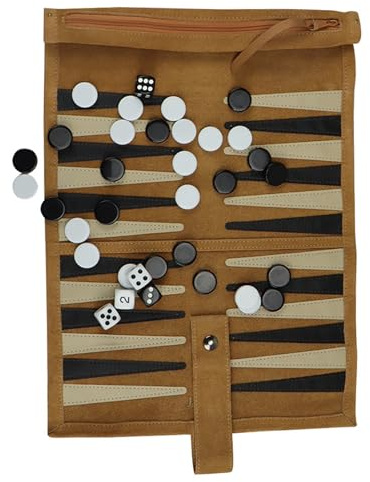Backgammon-Set – Gesellschaftsspiel Backgammon, 34 x 26 cm | Klassisches Strategiespiel, Schachbrett aus Leder, kompaktes und faltbares Design, lustige klassische Gesellschaftsspiele – Familie D