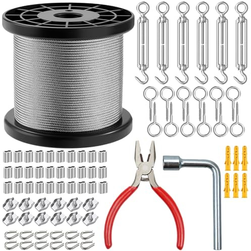 Garden Wire for Climbing Plants, 196.85ft Stainless Steel Cable Rope Kit | 2mmx60m Heavy Duty Catenary Wire Trellis Kit with M5 Vine Eyes, for Trellis, Outdoor String Light Hanging