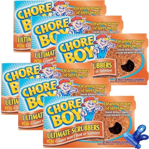 Chore Boy Heavy Duty Copper Scrubber for Pots and Pans 2 pk – Dish Scrub Pad & Cast Iron Cleaner – Scouring Pads – Steel Wool Alternative – 6 Pack with Bag Clips