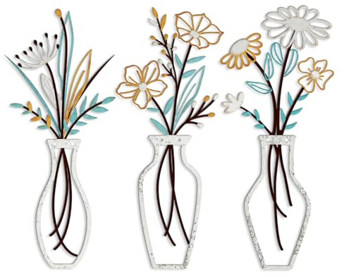 3-Piece Silver Vase Flower Wall Art, Metal Art Wall Decor Metal Artwork | etal Flower Wall Decor for Bedroom Living Room Dining Room Hallway and Stairs, Creative Flower Decor for Gifting