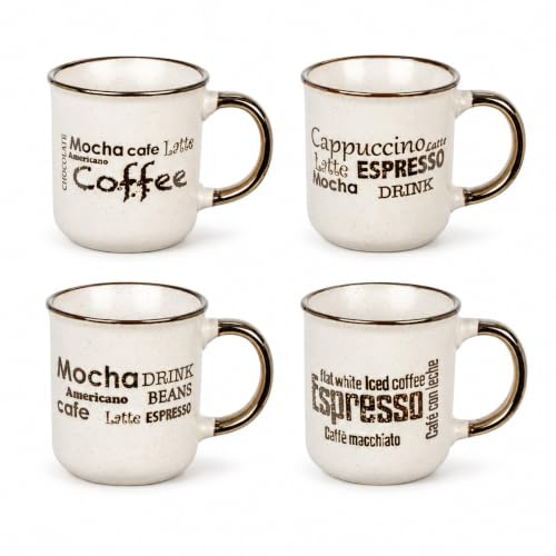 URBNLIVING 200ml Ceramic Coffee Mug Set, Easy Grip Tea Cups with Matching Design, Reusable Drinkware for Tea, Coffee and Hot Chocolate - Quote & 4pcs
