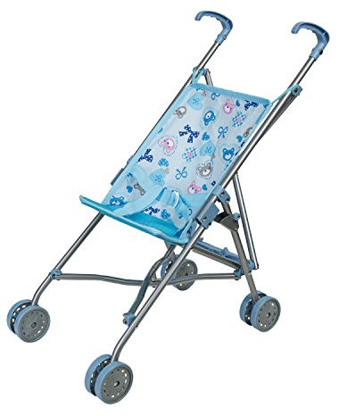Idena 40069 - Puppenbuggy zusammenklappbar, blauer Bezug mit niedlichem Märchenmotiv, Schiebehöhe ca. 55 cm