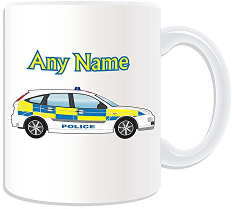 Personalised Gift - Police Car Mug (Transport Design Theme, White) - Any Name / Message on Your Unique - Driver Vehicle Automobile Hatchback Cruiser Cop UK Britain British Emergency Force 999 Policeman Service
