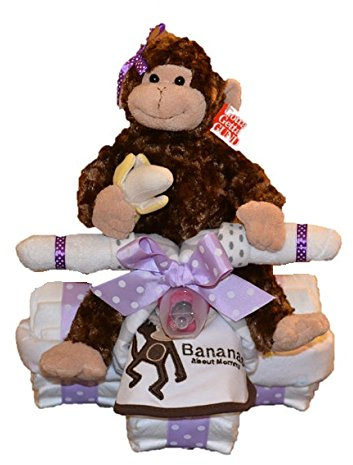Purple Diaper Cake - Monkey Theme Diaper Tricycle - Gift for Baby Boy/Baby Girl/Gender Neutral - Makes a Great Baby Shower Centerpiece