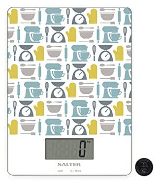 Salter 1102 GNBLDR Báscula Gadget Electrónica De Cocina Estampado De Objetos, Plataforma Fina, De Fácil Lectura, Con El Funcion Añadir Y Pesar, Líquidos Y Fluidos, Máx. 5 kg, Pilas Incluidas