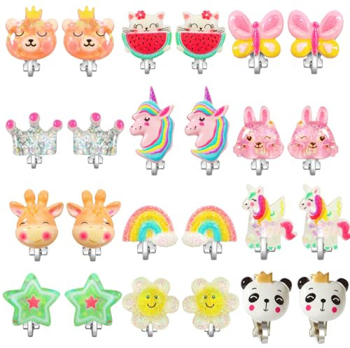 PinkSheep Clip On Ohrringe für Mädchen Kinder 12 Paar Ohrringe für Kleinkinder Kawaii Marienkäfer Einhorn Regenbogen Prinzessin Ohrringe Mädchen Geschenk