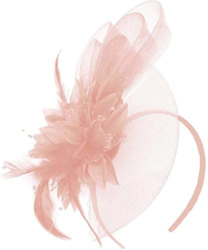Peach Nude Fascinator Headband Flower Wedding Ascot Races Net Hat Feathers