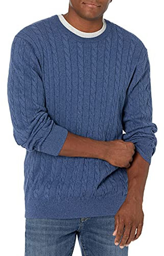 Amazon Essentials Herren Baumwoll-Pullover mit Rundhalsausschnitt und Zopfmuster, Blau Heide, M