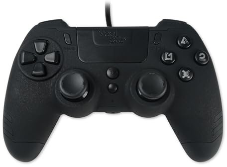 Steelplay, Metaltech, manette de jeu filaire, gamepad avec double système de vibration, sortie casque audio (jack), compatible avec PS4, compatible avec PS3 et compatible avec PC - Noire