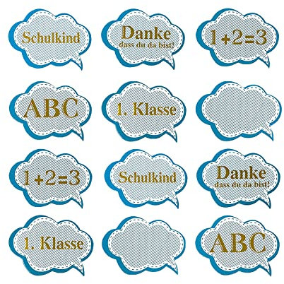 Oblique Unique® 12x Konfetti für Schuleinführung Einschulung Schulanfang Schulbeginn Tischdeko ABC Schulkind 1. Klasse 1 + 2 = 3 Schule Basteln Aufkleben Blau Gold