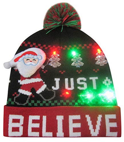 YEBIRA Unisex Weihnachten LED Mütze Leuchten Hut Strickmütze mit Bommeln Wintermütze Weihnachtsmütze Geschenk für Damen Herren Jungen Mädchen (Einheitsgröße, #V-07)