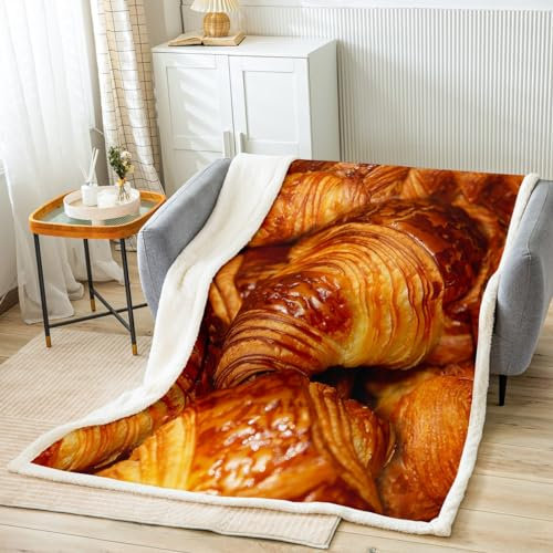 Manfei Jeté de lit croissants frais cuits et rouleaux en flanelle polaire pour canapé sur le thème de la nourriture, couverture de lit confortable de luxe, taille couvre-lit (127 x 152 cm)