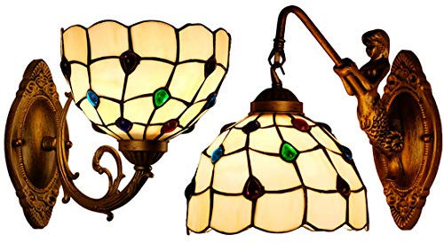 Tiffany-stil Wandleuchte Vintage Korridor Flur Rustikal Lampe, inkl. 6W E27 LED Dimmbar Glühbirne, Antik Wandlampe Runde Bunt Glas Schirm, Wandstrahler Treppen Schlafzimmer Arbeitszimmer Leselicht (A)
