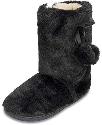 Polar Damen-Hausschuhe aus Kunstfell, Memory-Schaum, rutschfeste Gummisohle, weiche und flauschige Hausschuhe mit niedlichen Pompons, Stiefeletten, Schwarz , 38 EU