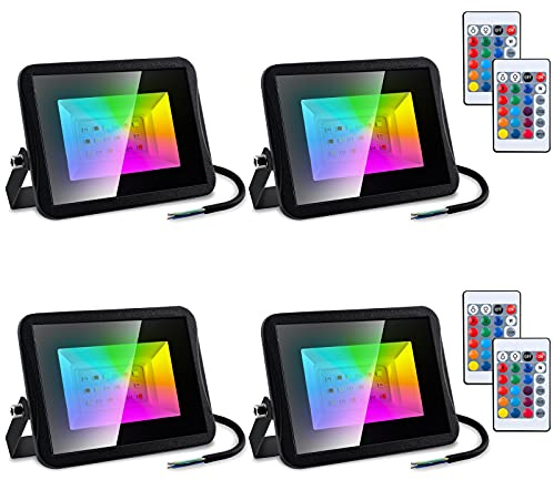 SWANEW 4 Pack 30W LED RGB Projecteur, Projecteur Couleur Exterieur avec Télécommande, IP66 Etanche 16 couleurs 4 modes, Fonction Mémoire Éxtérieur Spot Multicolore pour Soirée Paysage Cour