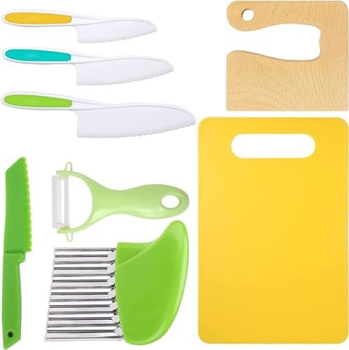Leking Ensemble de couteaux de cuisine en bois pour enfants 8 pièces - couteau de sécurité, couteau en plastique dentelé, trancheuse de pommes de terre, éplucheuse et planche à découper