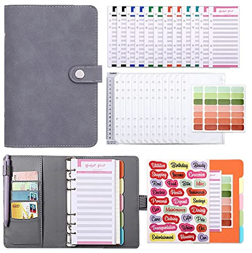 Budget Planner Budget Binder,6-Ringe-Budgetplaner-Kit mit Folien/Geldumschlägen Deutsch,Ringbuch A6 Binder Money Organizer ,Geldplaner Finanzbuch für Budgeting (grau)