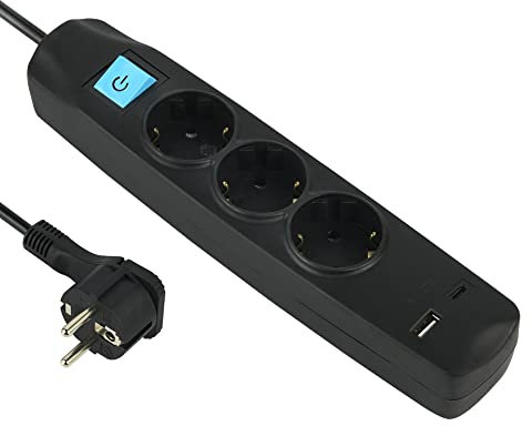 Electraline 62164 Regleta Base Multiple 3 Tomas Schuko + 2 USB 3.4A 17W (1 Tipo A + 1 Tipo C), Interruptor ON/OFF, Clavija Extra Plana Schuko, Cable 1.5M