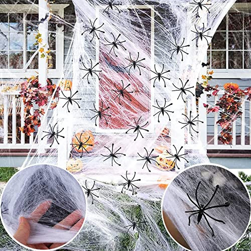 Halloween Deko Spinnennetz, 100g elastisches Spinnennetz und 50 schwarze Gruselspinnen, Halloween Spinnen Deko für Halloween Partys und Festivals, geeignet für Tisch, Fenster, Haus und Garten.