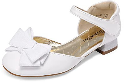 DREAM PAIRS Girls Dress Shoes Closed Toe Low Heels Ankle Strap Bow Ballet Wedding Party Sandals Princess Flower Shoes for Little Kid,Size 1 Big Kid,White,SDFL2314K