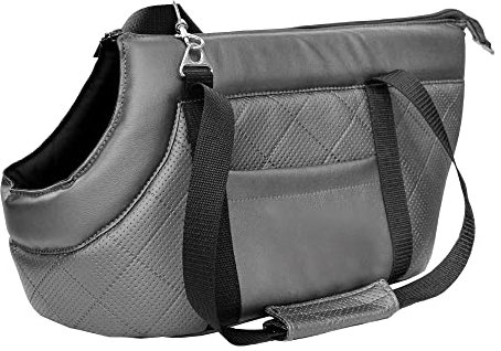 Transporttasche für Hunde und Katzen | Schultertasche für Haustiere mit Gummiband mit Karabiner | bis 12 kg | Material: Kunstleder | Größe: L | Farbe: Grau Metallic