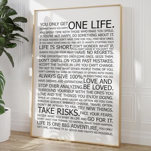 You Only Get One Life Poster, Lebensregeln, Wandkunst, moderne inspirierende Zitate, schwarz-weißes Zitat, Druck, motivierende Wandkunst, positive Zitate, Poster für Wohnzimmer, Schlafzimmer, 40,6 x